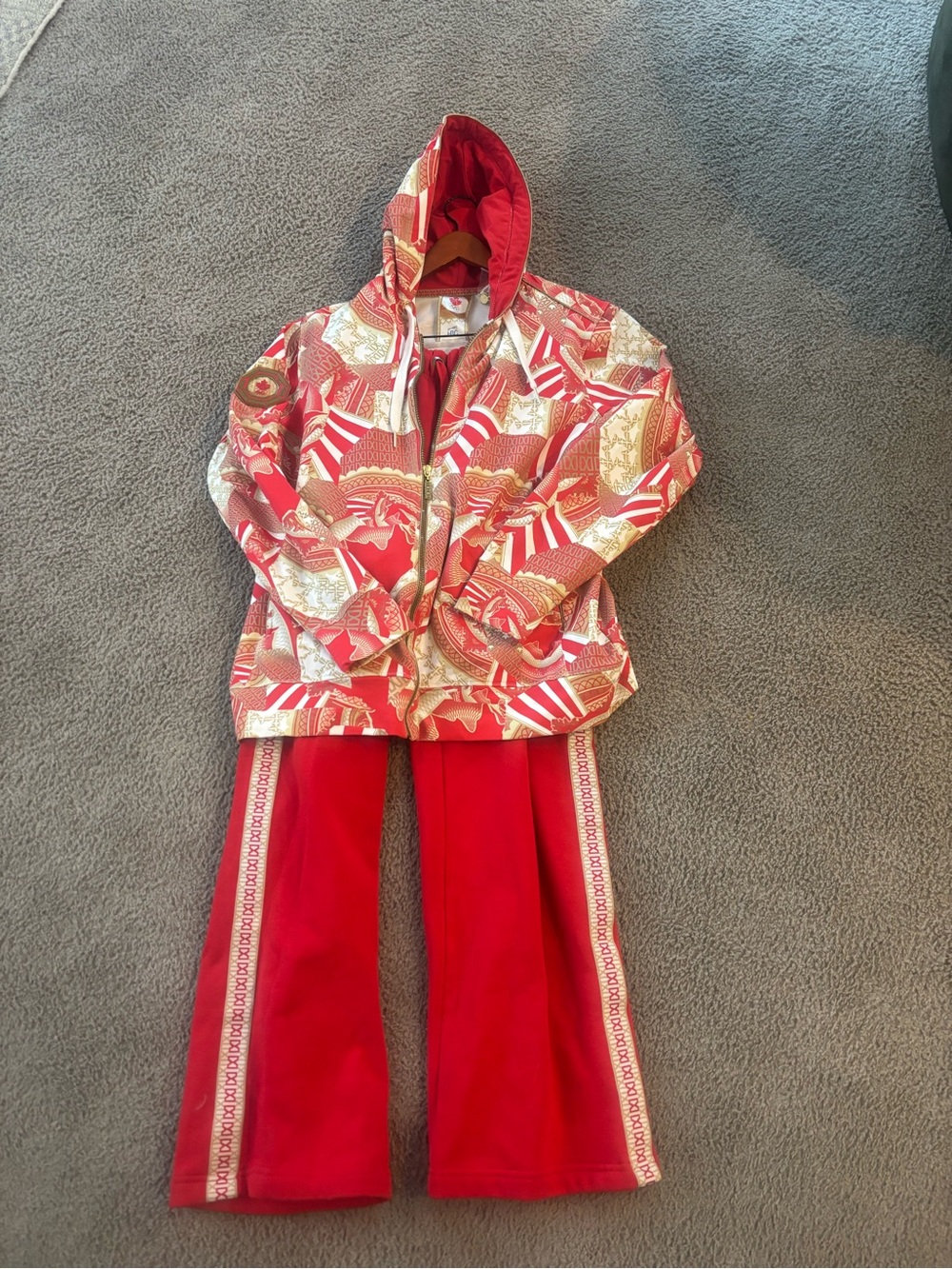 Red Patterned Hooded Jacket & Red Track Pants Set from 2010 Olympics
